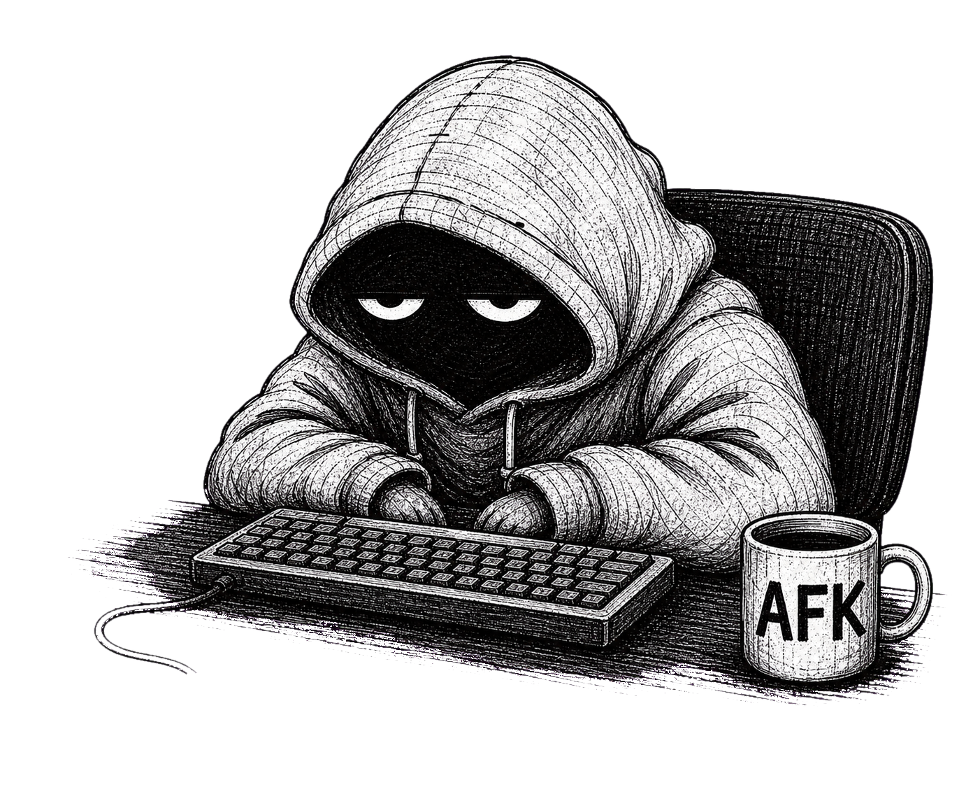 AFK Holder: анонимная фигура в худи зависла за клавиатурой, рядом кружка AFK